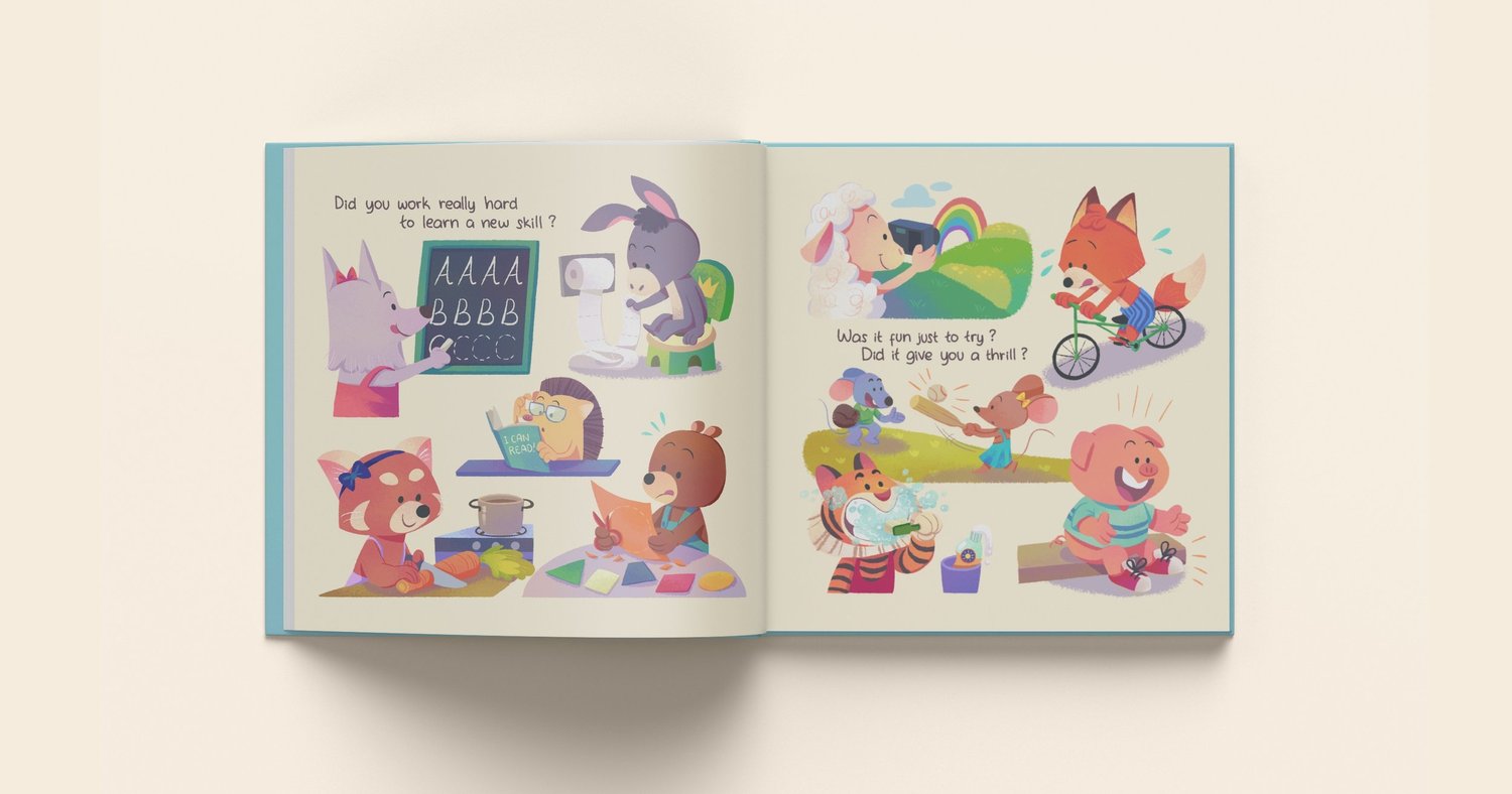 Open-book spread showing animal characters learning skills and trying new activities.