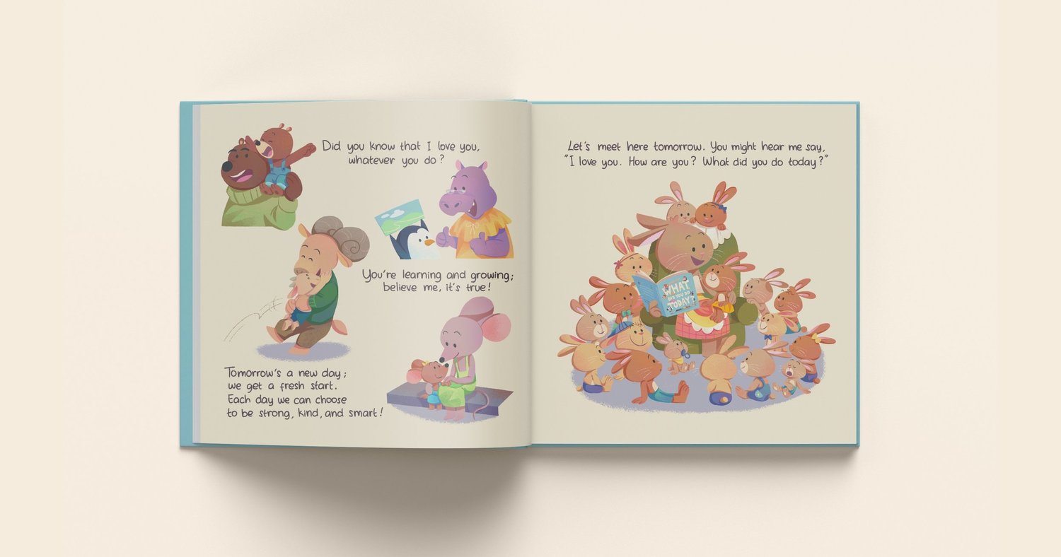 Open-book spread showing animal characters sharing affection and looking ahead to a new day.